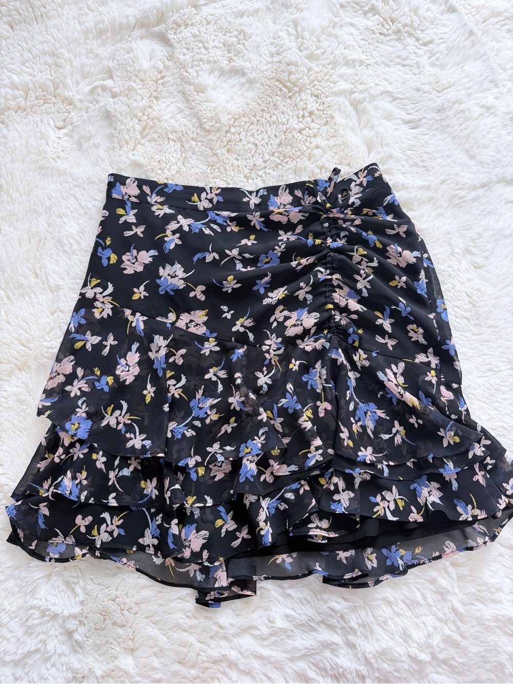 Bar III Black Floral Ruffle Mini Skirt with Pink & Blue Blossoms